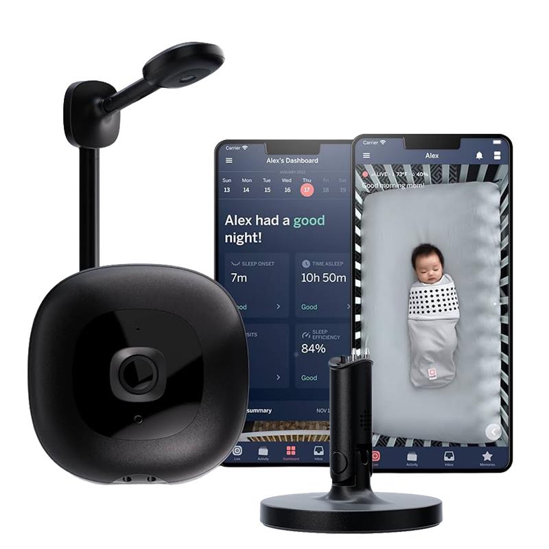 Nanit Pro baby monitor with wall stand in black, featuring a sleek design and camera lens for monitoring a baby's room.