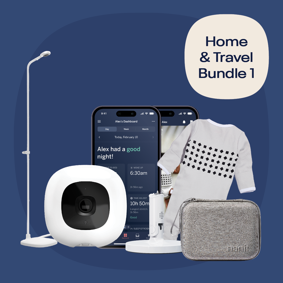 Nanit Home & Travel Bundle 1 featuring baby monitor with camera and accessories for home and travel use.