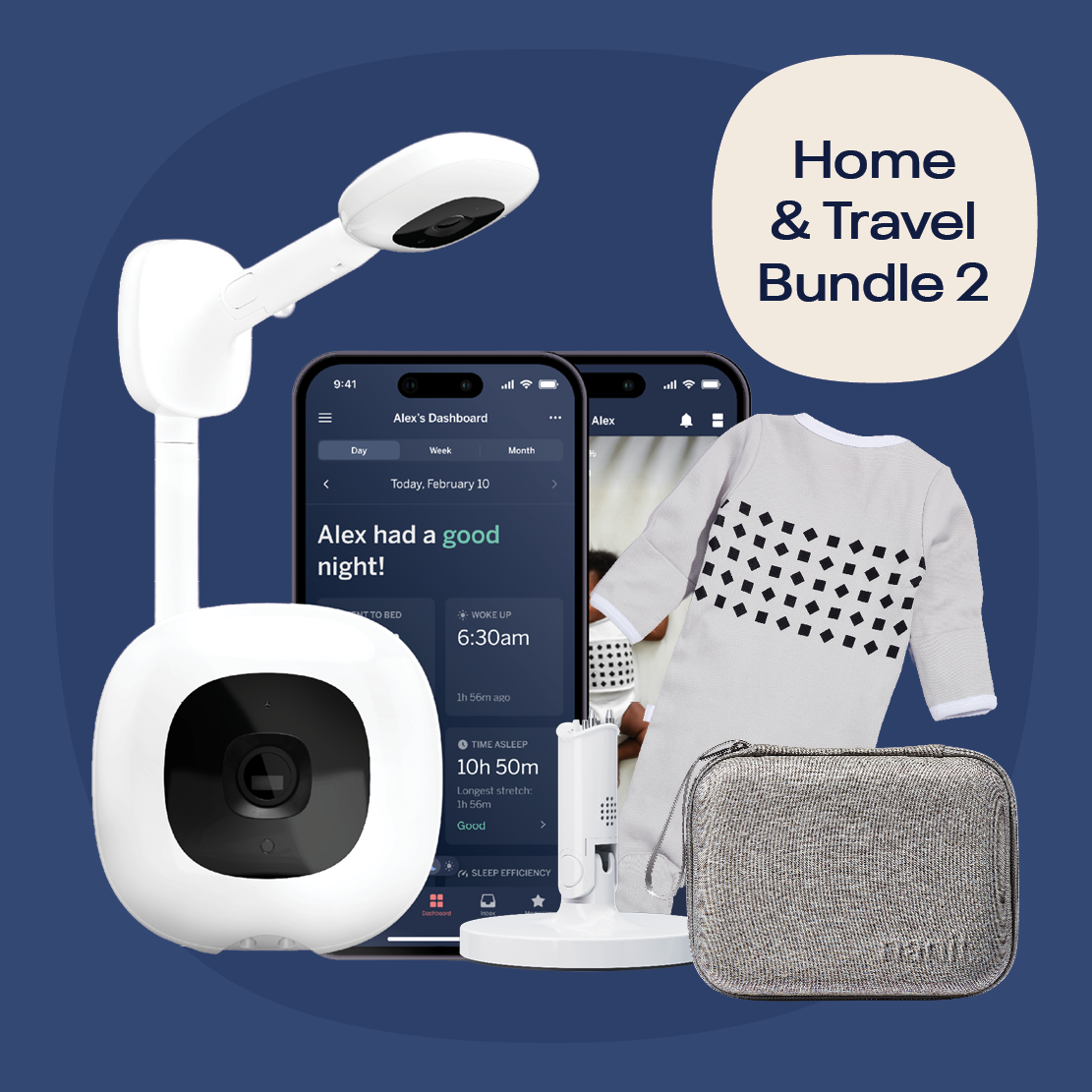 Nanit Home & Travel Bundle 2 showing a compact baby monitor with multiple accessories on a neutral background.