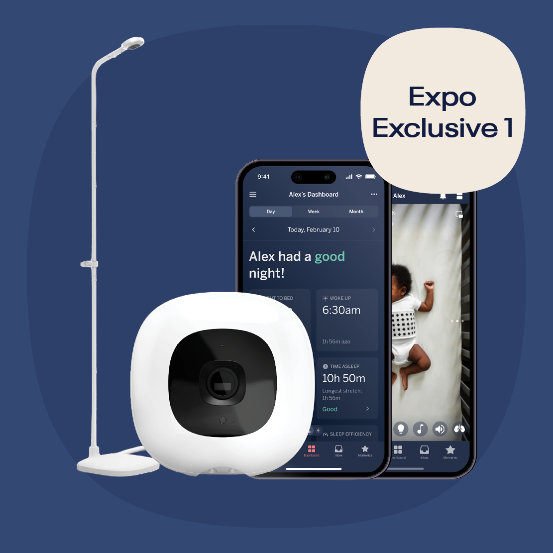 Nanit Expo Exclusive 1 baby monitor with camera and sensor, designed for peaceful sleep and monitoring of infants.
