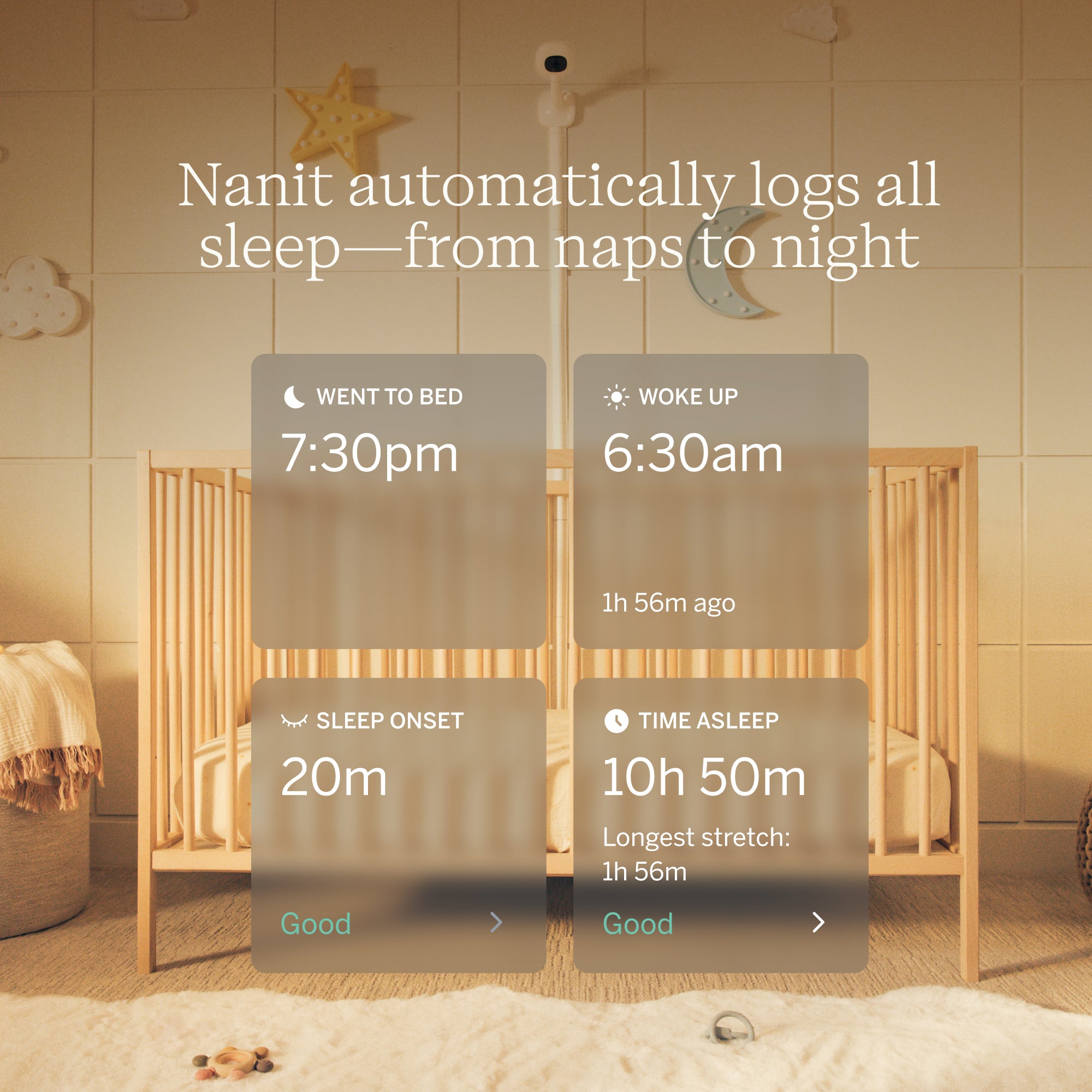 Nanit Smart Baby Pro Monitor with floor stand showing baby sleeping in nursery setup and monitor displaying live video feed.
