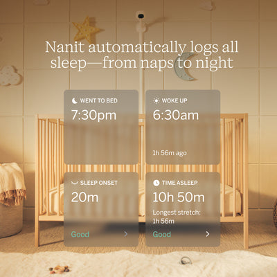Nanit Smart Baby Pro Monitor with floor stand showing baby sleeping in nursery setup and monitor displaying live video feed.