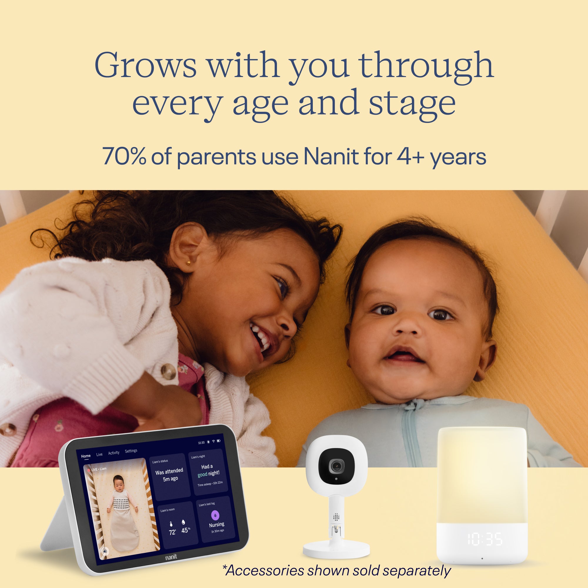 Nanit Smart Baby Pro Monitor with floor stand showing a baby nursery setup, featuring a sleek baby monitor on a stand.