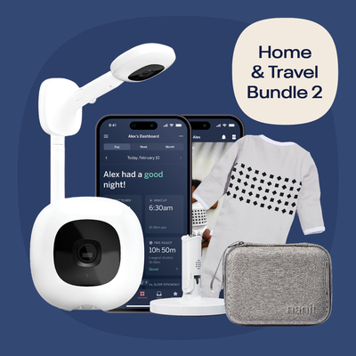 Nanit Home & Travel Bundle 2 showing a compact baby monitor with multiple accessories on a neutral background.